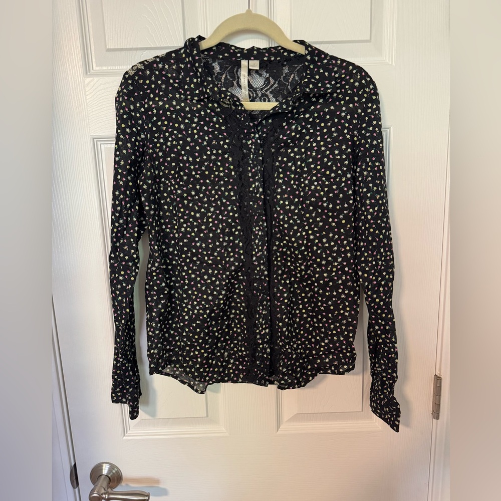 Lauren Conrad Floral Black Lace Women's Button Up Top